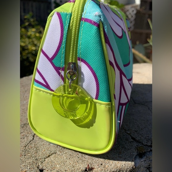 Clinique retro teal and lime green print zippered make up bag - Picture 3 of 7